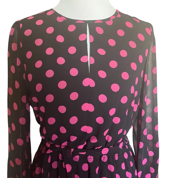LDT Aubrey Dotted Long Blouson Sleeve Round Keyhole Neck Tie Waist Dress - Picture 3 of 6